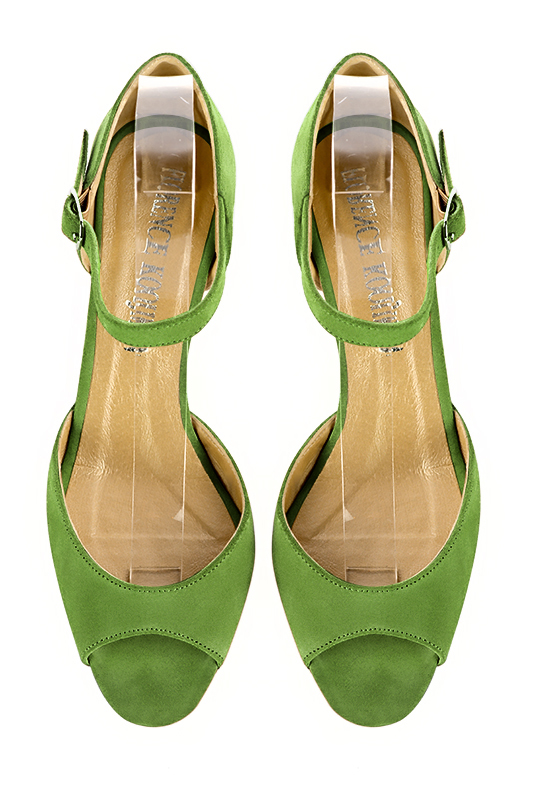 Grass green women's closed back sandals, with an instep strap. Square toe. Medium spool heels. Top view - Florence KOOIJMAN